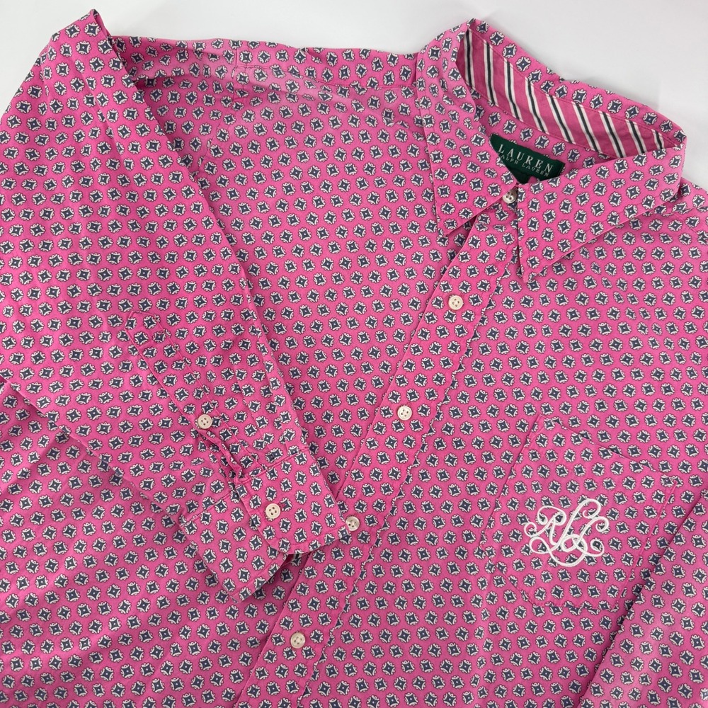 Lauren Ralph Lauren Button Down Shirt Womens S/M Pink Medallion Monogram LRL